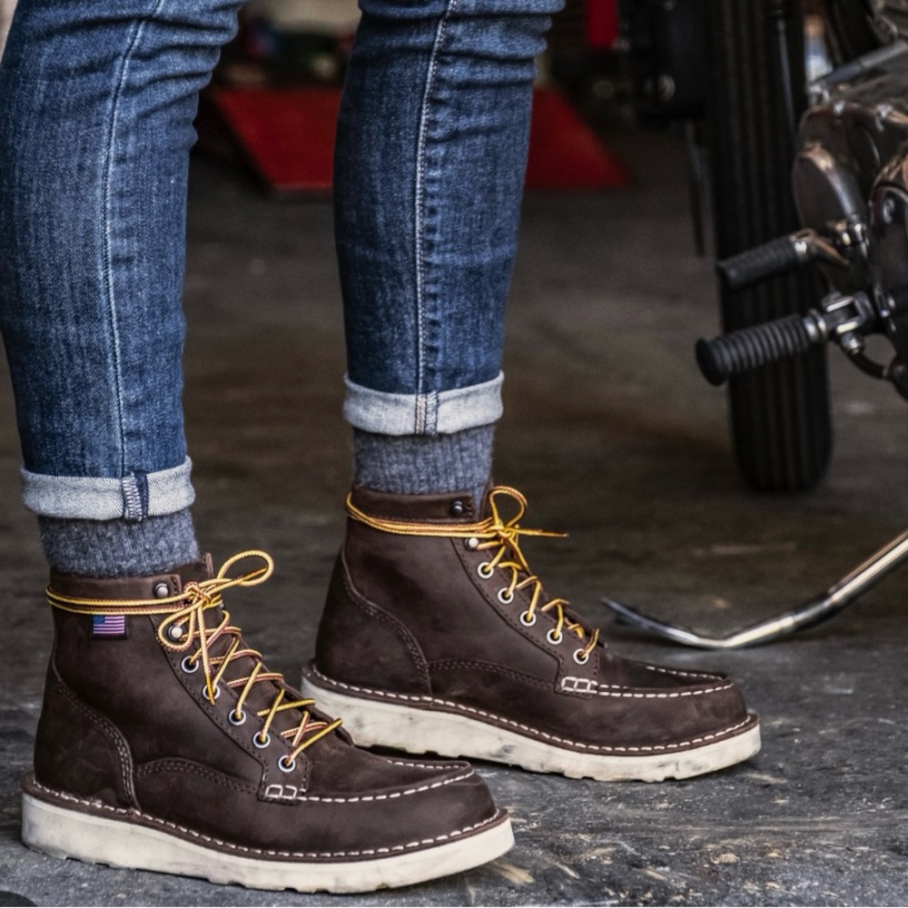 Brown Lace-Up Moc Toe Boots with Contrast Sole - Women